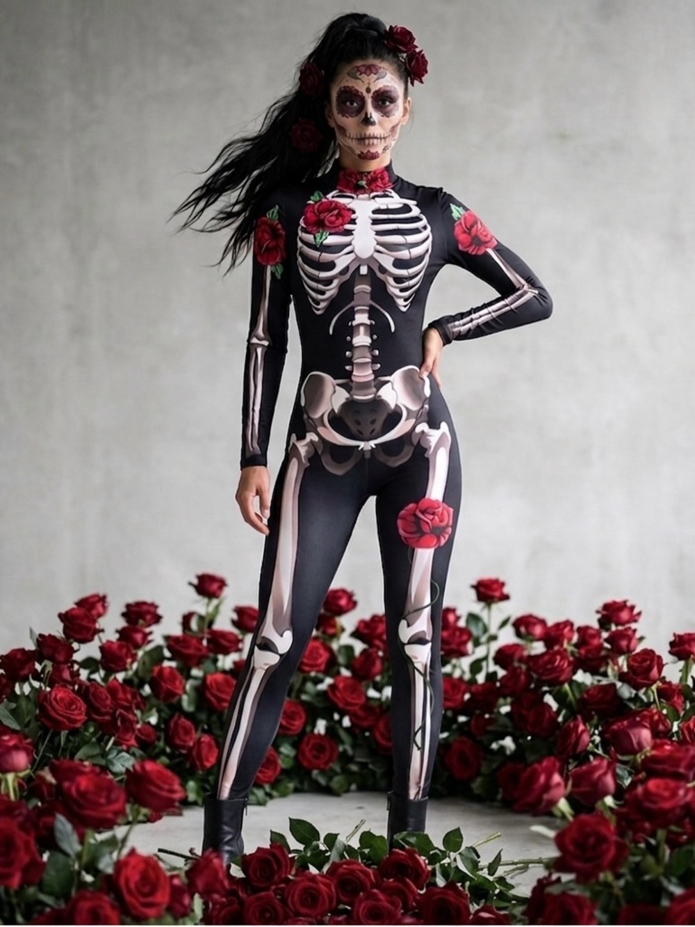 🌹🥀Día de los Muertos Skeleton & Rose Catsuit - Picture 3 of 5